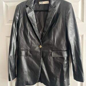 Zara Oversized Black Leather Blazer Jacket